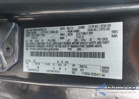 2013 Ford Escape Se z USA, uszkodzony, nr VIN 1FMCU9GX2DUA90268